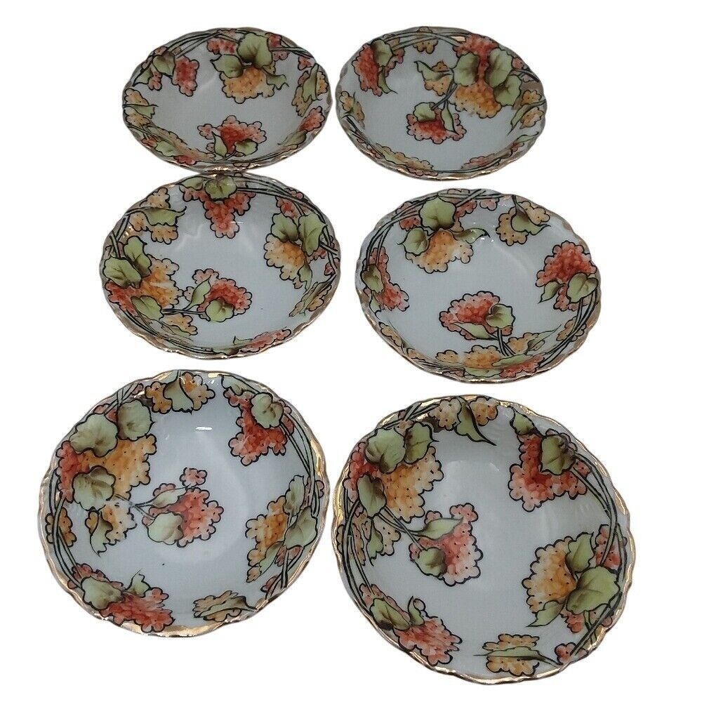 Set of 6 Vintage Nippon Noritake Hand Painted Floral‎ Berry Bowls Gold Trim